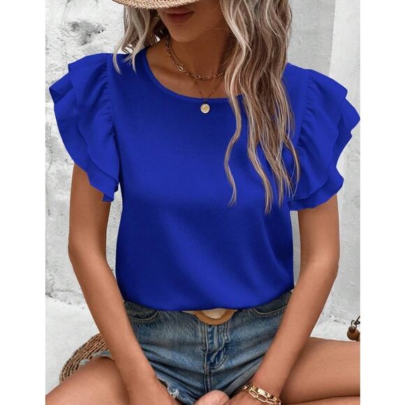 SHEIN Blue Ruffle Blouse Large Short Sleeve Flutter Lace Trim Top - Picture 1 of 6